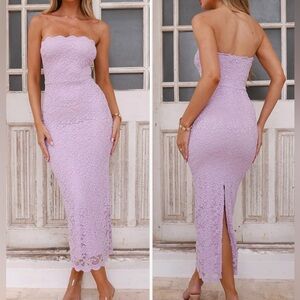 Hello Molly Lilac Strapless Lace Midi Dress